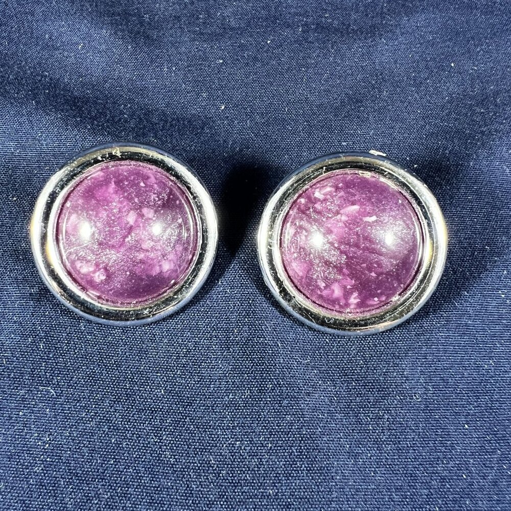 Vintage Purple Stone Clip-On Earrings Silver-Tone Round Retro Jewelry